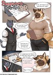 anthro athletic athletic_anthro athletic_male barazoku big_muscles biped brown_body brown_eyes brown_fur dialogue duo fur grey_body grey_fur male muscular muscular_anthro muscular_male pecs standing suspicious talking_to_another text kamyuelo canid canine canis hyena mammal wolf 2024 comic english_text hi_res url