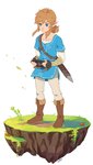 2017 blonde_hair blue_eyes boots breath_of_the_wild clothing ear_piercing ear_ring elf fingerless_gloves footwear gloves grass hair handwear hi_res holding_object humanoid humanoid_pointy_ears hylian link lulles male nintendo not_furry piercing plant ponytail ring_piercing rock sheikah_slate signature simple_background solo standing the_legend_of_zelda
