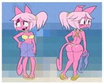 anthro back_markings beach bikini black_nose blue_towel blush border breath butt cat_tail clothing cute_fangs eyelashes fangs female footwear hair hand_on_hip holding_object holding_towel looking_away markings navel pink_body pink_hair polka_dot_bikini sandals seaside shoes simple_eyes smile smug solo standing swimwear teeth towel two-piece_swimsuit white_border yellow_bikini yellow_clothing yellow_footwear yellow_sandals yellow_swimwear majuv commander_ceebeez_(majuv) domestic_cat felid feline felis mammal