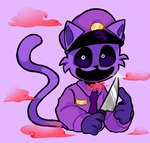 anthro cosplay crossover_cosplay holding_knife holding_object knife looking_at_viewer male open_mouth red_smoke security_uniform smoke solo tail bonnie_kuro five_nights_at_freddy's mob_entertainment poppy_playtime scottgames smiling_critters catnap_(poppy_playtime) purple_guy_(fnaf) domestic_cat felid feline felis mammal crossover hi_res