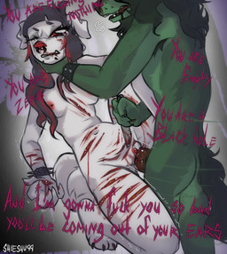anthro anthro_on_anthro armpit_hair asphyxiation black_bair blood blood_on_chest blood_on_face blood_on_hand blood_on_object blood_on_penis blood_on_pussy blood_on_weapon bodily_fluids body_hair crying duo duo_focus faceless_character faceless_male facial_piercing female from_front_position fur genitals gradient_background green_body green_hair group hair humanoid_genitalia humanoid_vulva hurt_expression lip_piercing looking_at_another lying male male/female missionary_position motion_lines multicolored_body multicolored_fur multicolored_hair muscular muscular_anthro muscular_male nipple_piercing nipples nose_piercing nosebleed nude nude_anthro on_back one_eye_closed pain penetration piercing red_sclera septum_piercing sex simple_background snakebite_piercing tears teeth text tongue tongue_out two_tone_hair vaginal vaginal_penetration vulva weapon white_body white_eyes white_fur wound_on_arm wound_on_chest wound_on_leg wounded shieshuqqq fan_character shieshu.qq_(shieshuqqq) canid canine mammal full-length_portrait hi_res portrait