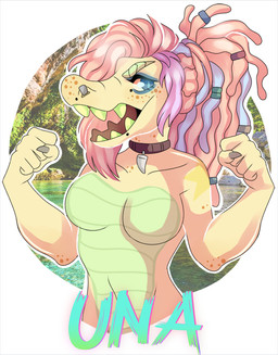 anthro blue_eyes blue_hair breasts brown_collar collar dreadlocks eyelashes facial_piercing featureless_breasts female glistening glistening_eyes green_body green_teeth hair looking_aside markings nose_piercing nose_ring nostril_ring open_mouth piercing pink_hair purple_hair ring_piercing scales solo spots spotted_body teeth ventral_scales princelykaden scalie