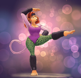 5_fingers 5_toes animal_print anthro arm_above_head barefoot breasts cleavage clothed clothing ear_piercing feet female fingers fur green_eyes hair hand_on_hip leg_warmers legwear leopard_print leotard on_one_leg one_leg_up piercing prehensile_feet purple_body purple_fur raised_arm raised_leg red_hair soles solo standing sweatband thick_thighs toes wide_hips redustheriotact haplorhine mammal monkey primate 2022 hi_res