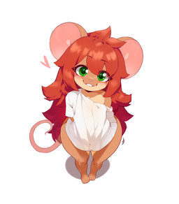 4_toes anthro big_butt blush bottomless bottomless_anthro bottomless_female brown_body brown_fur butt cat_smile clothed clothing eyelashes feet female fur green_eyes hair hands_behind_back heart_symbol long_hair looking_at_viewer looking_up oversized_clothing oversized_shirt oversized_topwear pink_inner_ear pink_nose pink_tail red_hair shirt simple_background smile solo standing tail tan_body tan_fur toes topwear white_back white_clothing white_shirt white_topwear wide_hips young young_anthro young_female hasta summer_(olliethemouse) mammal mouse murid murine rodent 2026 hi_res