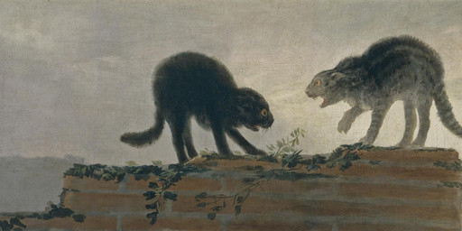ambiguous_gender arched_back black_body black_fur brick brick_wall detailed_background duo ears_back fangs feral fur grey_body grey_fur leaf open_mouth paws pivoted_ears puffed_tail quadruped raised_fur tail teeth wall_(structure) francisco_goya cat_fight_(goya) domestic_cat felid feline felis mammal 1787 18th_century ancient_art formal_art hi_res oil_painting_(artwork) painting_(artwork) traditional_media_(artwork) traditional_painting_(artwork)