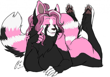 anthro bedroom_eyes big_breasts biped black_body black_fur breasts digitigrade feet female fur green_eyes hair half-closed_eyes hindpaw inviting long_tail looking_at_viewer lying narrowed_eyes nude on_front pawpads paws pink_body pink_fur pink_hair seductive simple_background smile solo tail white_background white_body white_fur kaprikaaz ailurid mammal red_panda 2014 character_request watermark