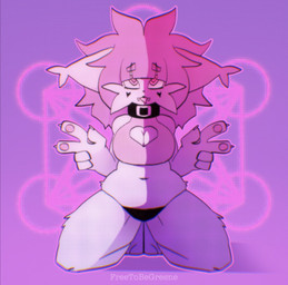 5_fingers abstract_background anthro bangs black_clothing black_collar black_panties black_underwear blunt_bangs breasts cheek_tuft cleavage clothed clothing collar ear_tuft facial_tuft female fingers fur gesture hair hand_gesture kneeling looking_up navel panties pawpads pink_hair pink_pawpads purple_background simple_background slightly_chubby slightly_chubby_anthro slightly_chubby_female solo text tongue tongue_out tuft underwear v_sign white_body white_fur freetobegreene felid feline lynx mammal 2020 archived_source artist_name full-length_portrait hi_res portrait shaded