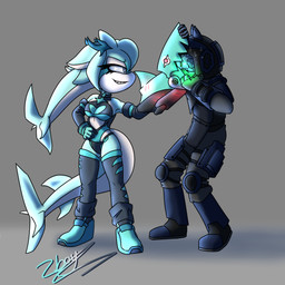 ambiguous_gender anthro arm_cannon armor blue_body blue_eyes boots clothed clothed_anthro clothing duo female footwear fully_clothed fully_clothed_anthro grin headgear helmet imminent_death knee_pads leggings legwear multicolored_body partially_clothed shark_tail shoes sleeves smile tail_hair two_tone_body white_body zboys millie_the_shark aquatic fish shark unknown_species 1:1 hi_res