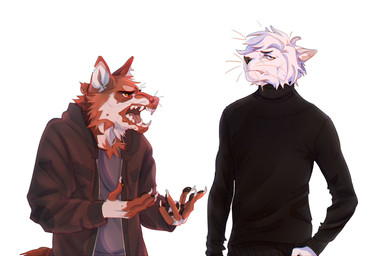 angry annoyed anthro black_clothing black_topwear blue_eyes brown_body brown_clothing brown_eyes brown_fur brown_jacket brown_topwear cheek_tuft clothed clothing duo facial_tuft fangs front_view fur glistening glistening_eyes grey_clothing grey_topwear hair head_tuft jacket male mouth_closed narrowed_eyes neck_tuft notched_ear open_mouth simple_background standing teeth topwear tuft unsigned white_background white_body white_fur white_hair justkiddinb canid felid mammal hi_res