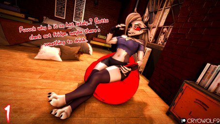 ambiguous_gender anthro bean_chair bedroom bodily_fluids sitting solo sweat text cryowolf9 helluva_boss mythology loona_(helluva_boss) canid canid_demon canine demon hellhound mammal mythological_canine mythological_creature 16:9 4k absurd_res english_text hi_res widescreen