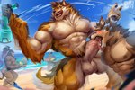 5_fingers abs absurd_res anthro ball balls barrel_(live_a_hero) beach beach_sex bear biceps big_penis black_claws blush brown_body brown_fur brown_hair canid canine canis claws clothing cloud detailed_background digital_media_(artwork) domestic_dog erection fangs felid fellatio fingers fur genitals goro_(live_a_hero) group hair hi_res holding_object holding_water_gun humanoid_genitalia humanoid_penis licking licking_lips lifewonders lion live_a_hero male male/male mammal muscular muscular_anthro muscular_male muscular_thighs navel nipples open_mouth oral orange_body orange_eyes orange_fur orange_tail outside pantherine pecs penile penis penis_lick physen public public_nudity public_sex pubraseer sand sea seaside sex sky standing swimwear tail teeth thick_penis tongue tongue_out toshu toy toy_gun tuft water water_gun white_body white_fur white_tail wolf
