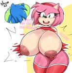 accessory anthro areola big_breasts black_outline breast_expansion breasts bursting_breasts clothing dialogue duo expansion female green_eyes hair hair_accessory hairband huge_breasts male nipples outer_highlight outline pink_hair solo_focus text thick_thighs torn_clothing wide_hips bmayyneart sega sonic_the_hedgehog_(series) amy_rose sonic_the_hedgehog eulipotyphlan hedgehog mammal digital_media_(artwork) english_text hi_res portrait three-quarter_portrait