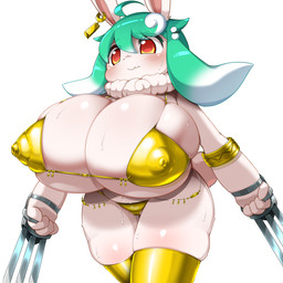4_fingers anthro armlet big_breasts bikini blush bodily_fluids breasts camel_toe claw_(weapon) clothing ear_piercing female fingers fur gold_(metal) gold_armlet gold_bikini gold_jewelry gold_stockings green_hair hair huge_breasts hyper hyper_breasts jewelry melee_weapon nipple_outline piercing shortstack shortstack_female simple_background solo sweat swimwear tail two-piece_swimsuit weapon white_background white_body white_fur obikuragetyan lagomorph leporid mammal rabbit 1:1 2025 digital_media_(artwork) hi_res