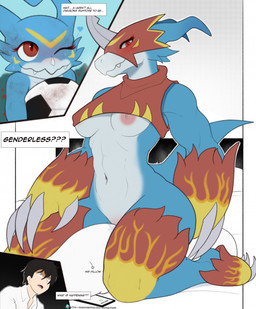 anthro areola blue_body blue_skin blush bodily_fluids breasts claws female genital_fluids smile teeth quangdoann bandai_namco digimon mythology digimon_(species) flamedramon human mammal veemon hi_res