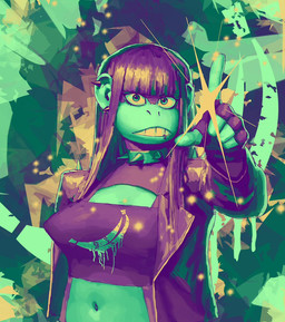 5_fingers abstract_background alternative_fashion anthro bangs clenched_teeth clothed clothing collar crop_top ear_piercing facial_piercing female fingerless_gloves fingers gloves goth hair handwear jacket lip_piercing long_hair looking_at_viewer midriff navel open_clothing open_jacket open_topwear piercing shirt solo spiked_collar spikes teeth topwear redustheriotact beth_(redustheriotact) haplorhine mammal monkey primate 2022 restricted_palette