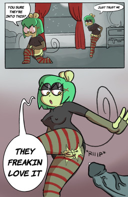 anthro anus bottomwear breasts butt clothing dressing ear_piercing female genitals green_body green_hair grey_penis group hair inside kneeling legwear loli male nipple_outline nipples on_one_knee pants pattern_clothing pattern_legwear penis piercing pink_vulva shirt snaggle_tooth sound_effects striped_clothing striped_legwear stripes tail text thin_tail tight_clothing tight_shirt tight_topwear tongue topwear torn_bottomwear torn_clothing torn_pants trio vulva yellow_eyes young young_anthro ketikake cartoon_network ok_k.o.!_let's_be_heroes adult_fink fink_(ok_k.o.!_lbh) mammal murid murine rat rodent comic english_text hi_res