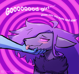 abstract_background ambiguous_gender anthro anthro_on_anthro blep blue_body blue_fur blush blush_lines chest_tuft duo fur glowing glowing_eyes good_girl grey_body grey_fur hair half-closed_eyes hand_on_chin humanoid_hands hypnosis male mind_control narrowed_eyes purple_body purple_fur purple_hair ringed_eyes solo_focus spiral_background text tongue tongue_out tuft thatbirdboi nintendo pokemon zoroark_(somesacredbird) generation_5_pokemon pokemon_(species) zoroark 2021 digital_drawing_(artwork) digital_media_(artwork) english_description english_text hi_res