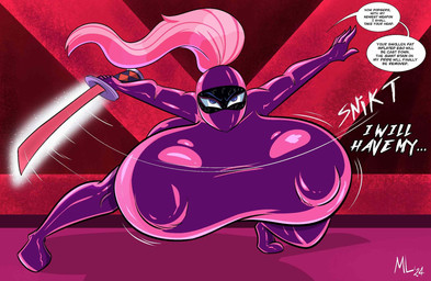 big_breasts black_body breasts clothing ellipsis female hair holding_melee_weapon holding_object holding_sword holding_weapon huge_breasts hyper hyper_breasts looking_at_viewer melee_weapon not_furry onomatopoeia purple_eyes skinsuit solo sound_effects speech_bubble sword text tight_clothing weapon white_hair ameizinglewds duck_dodgers queen_tyr'ahnee alien alien_humanoid humanoid martian 2024 english_text hi_res