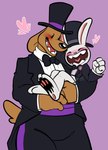 anthro black_nose black_tie_(suit) blush bow_tie brown_body clothing cummerbund duo eyes_closed happy hat headgear headwear heart_symbol husband husband_and_husband larger_male long_ears looking_at_another male male/male married_couple pawpads pink_nose romantic romantic_couple sharp_teeth short_tail simple_background size_difference smaller_male smile snout suit tail teeth top_hat white_body niaxcomicdraw sam_and_max max_(sam_and_max) samuel_dog canid canine canis domestic_dog lagomorph leporid mammal rabbit hi_res signature