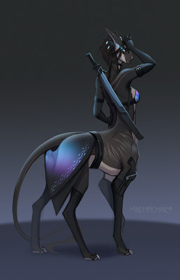 armwear belt blue_eyes bottomwear bra clothing collar dreadlocks elbow_gloves fangs female gloves gun handgun handwear legwear melee_weapon pistol ranged_weapon scabbard skirt solo sword tail teeth thigh_highs underwear weapon weapon_holster mindmachine acrador acrador_taur canid canine canis jackal mammal taur 2023 hi_res