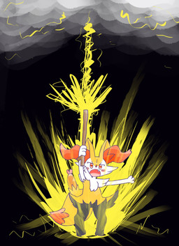 ambiguous_anthro ambiguous_gender anthro biped blush blush_stickers cloud cute_fangs digitigrade dipstick_tail electricity fangs food front_view holding_object holding_stick lightning looking_at_viewer markings object_in_tail open_mouth shrimp_(food) simple_background solo standing stick struck_by_lightning tail tail_markings teeth annyui0611 nintendo pokemon braixen canid generation_6_pokemon mammal pokemon_(species) 2024 digital_drawing_(artwork) digital_media_(artwork) full-length_portrait hi_res japanese_description portrait translated_description