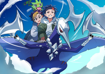 accessory anthro blue_hair duo eyewear feral flying glasses group hair headband male purple_hair smile tongue wings funokuropia bandai_namco digimon digimon_beatbreak raito_souda tomoro_tenma azhdarmon digimon_(species) gekkomon human mammal scalie hi_res