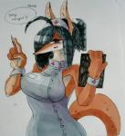 anthro biped black_hair blush brown_body brown_fur clipboard clothed clothing dialogue dual_holding female fur hair holding_clipboard holding_object holding_pencil holding_writing_utensil kemono multicolored_body multicolored_fur nurse nurse_clothing nurse_uniform open_mouth pencil_(object) question_mark red_cross simple_background smile solo speech_bubble standing text two_tone_body two_tone_fur uniform white_background white_body white_fur writing_utensil kerock-ketu kaede canid canine fox mammal english_text hi_res traditional_media_(artwork)