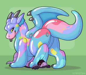 digitigrade duo feral green_eyes horn inflatable machine membrane_(anatomy) membranous_wings pool_toy quadruped simple_background smile tail toony wings symrea european_mythology mythology android animate_inanimate dragon living_inflatable mythological_creature mythological_scalie robot scalie synth_(vader-san) western_dragon