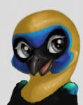 anthro avian beak bird black_body black_feathers blue_body blue_feathers bust_portrait digital_media_(artwork) eyelashes facial_markings feathers female front_view golden-hooded_tanager green_body green_feathers grey_background grey_eyes happy head_markings looking_away markings mask_(marking) multicolored_body multicolored_feathers nyar open_mouth oscine passerine portrait simple_background smile solo tanager tess_(nyar) tongue yellow_body yellow_feathers
