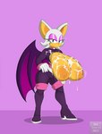 anthro bedroom_eyes big_breasts bodily_fluids breasts clothed clothing cum cum_on_breasts female genital_fluids hand_on_hip huge_breasts membrane_(anatomy) membranous_wings narrowed_eyes nipples purple_background seductive simple_background solo wings mklancer00 third-party_edit netflix sega sonic_prime sonic_the_hedgehog_(series) rouge_the_bat bat mammal absurd_res hi_res