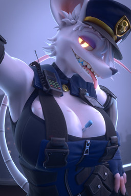 anthro bedroom_eyes big_breasts blue_clothing blue_gloves blue_handwear breasts candy cleavage clothed clothed_anthro clothed_female clothing dessert electronics eyelashes eyeshadow female fingerless_gloves food freckled_breasts freckled_face freckles fur gloves glowing glowing_eyes hair handwear lollipop lollipop_in_mouth long_eyelashes looking_at_viewer makeup narrowed_eyes orange_eyes police police_officer purple_eyeshadow seductive sharp_teeth smile smirk solo tail teeth tongue tongue_out walkie-talkie wearing_hat white_body white_fur white_hair zipper vllrukkin warfaremachine_(modeler) officer_flint_(foresttherotten) mammal murid murine rat rodent 2025 2:3 3d_(artwork) digital_media_(artwork) hi_res