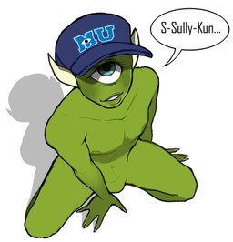1_eye 5_fingers alternate_species baseball_cap biped blue_eyes claws clothing collarbone dialogue ellipsis eyelashes featureless_crotch femboy fingers green_body green_nipples green_skin hat hat_only headgear headgear_only headwear headwear_only high-angle_view horn humanoid_hands humanoidized looking_up male mostly_nude navel nipples not_furry pecs seductive shadow simple_background sitting smile solo speech_bubble spread_legs spreading stuttering text white_background white_claws white_horn southpauz disney monsters_inc monsters_university pixar mike_wazowski cyclops humanoid monster 2018 digital_drawing_(artwork) digital_media_(artwork) english_text