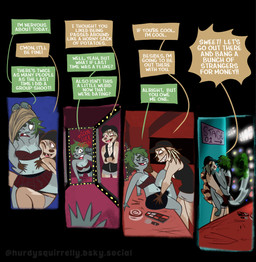 albino alternative_fashion anthro baseball_cap bottomwear brown_eyes clothing crust_punk dialogue duo erection erection_under_clothing female freckles green_hair gynomorph hair hat headgear headwear intersex intersex/female makeup pink_eyes porn_star porn_studio punk skirt speech_bubble studio tattoo underwear undressing hurdysquirrelly houston_(hurdysquirrelly) topeka_(hurdysquirrelly) grey_squirrel mammal procyonid raccoon rodent sciurid tree_squirrel absurd_res comic hi_res trans_(lore) trans_woman_(lore)