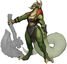 anthro armor axe barbarian big_tail clothing female flat_chested green_body hair horn long_tail melee_weapon muscular muscular_female red_hair scales simple_background solo standing tail warrior weapon white_background yellow_eyes firenger mythology dragon mythological_creature mythological_scalie reptile scalie