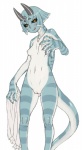 7_horns anthro biped breasts female genitals horn multi_horn nipples non-mammal_breasts non-mammal_nipples nude pussy solo standing tail tongue namu_gunsou fusae chameleon jackson's_chameleon lizard reptile scalie