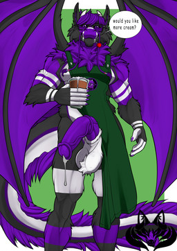 animal_genitalia animal_penis anthro apron balls beverage big_balls big_penis bodily_fluids candy clothing coffee container cum cum_in_a_cup cum_in_container cup dessert equine_genitalia equine_penis eyewear fluffy food fur genital_fluids genitals glasses lollipop long_tail male muscular pecs penis solo speech_bubble tail tall text rexkharts mythology starbucks latteepop dragon equid equine furred_dragon furred_scalie mammal mythological_creature mythological_scalie scalie english_text hi_res