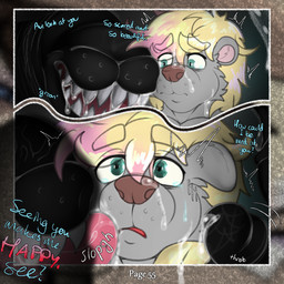 adult_on_young age_difference anthro big_penis black_body black_fur black_nose blonde_hair bodily_fluids brown_nose close-up cum cum_on_face dialogue duo face_lick front_view fur genital_fluids genitals green_eyes grey_body grey_ears grey_fur hair highlights_(coloring) licking looking_at_another male male/male multicolored_hair nervous penis pink_hair precum question_mark scared sharp_teeth size_difference tears teeth text throbbing throbbing_penis tongue two_tone_hair vein young young_anthro young_male younger_male dasherslash andy_(dasherslash) ben_(dasherslash) hare lagomorph leporid mammal mustelid otter rabbit 1:1 2026 comic digital_media_(artwork) english_text hi_res
