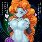 alien alien_humanoid areola armwear big_breasts big_hair blue_areola blue_body blue_eyes blue_nipples blue_skin blush blush_lines bodily_fluids breasts clothed clothing dragon_ball dragon_ball_z ear_piercing eyelashes female fushisha_o green_background grey_armwear grey_clothing hair heart_symbol holding_breast humanoid humanoid_pointy_ears jewelry long_hair navel necklace nipples orange_hair piercing simple_background smile solo sweat sweatdrop text topless wide_hips zangya