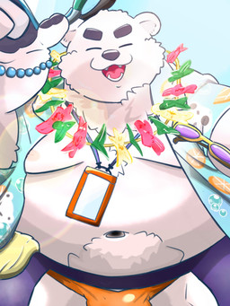 aloha_shirt anthro belly bottomwear bulge clothing crotchless_bottomwear crotchless_clothing crotchless_pants eyebrows fur male navel overweight pants pattern_clothing pattern_shirt pattern_topwear pawpads pupils shirt slit_pupils solo speedo swimwear thick_eyebrows topwear white_body white_fur kihiro_yao3 xxl_woofia paul_the_polar_bear bear mammal polar_bear ursine 3:4 hi_res