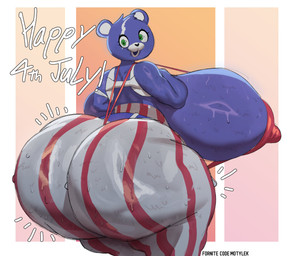 anthro big_breasts big_butt bodily_fluids breasts butt exclamation_point female green_eyes huge_breasts huge_butt huge_hips huge_thighs hyper hyper_breasts hyper_butt looking_at_viewer looking_back multicolored_body nipple_outline open_mouth solo sweat sweaty_breasts sweaty_butt text thick_thighs wide_hips motylek epic_games fortnite fireworks_team_leader bear mammal absurd_res english_text hi_res