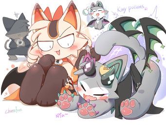 ambiguous_gender blush cape clothing fur grey_body grey_fur heterochromia horn membrane_(anatomy) membranous_wings open_mouth pawpads robe tail teeth text wings cheesefries devil_connection makemon devilun_(makemon) maneko_(makemon) demon domestic_cat felid feline felis mammal 4:3 hi_res