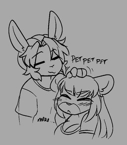 anthro bangs big_breasts blush blush_lines breasts cleavage clothed clothed_anthro clothed_female clothed_male clothing duo female female_anthro hair headpat long_hair male male_anthro onomatopoeia petting short_hair sound_effects text three-quarter_view lunarspy felid feline lagomorph leporid mammal pantherine rabbit snow_leopard black_and_grey digital_drawing_(artwork) digital_media_(artwork) english_text handwritten_text line_art monochrome