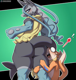 anthro big_butt biped breasts butt duo female fingers fur looking_at_viewer looking_back looking_back_at_viewer nude nude_anthro nude_female simple_background small_waist standing tail thick_thighs wide_hips cooliehigh nintendo pokemon pokemon_legends_z-a buizel generation_4_pokemon generation_9_pokemon mega_evolution mega_lucario_z pokemon_(species) 2026 digital_drawing_(artwork) digital_media_(artwork) hi_res