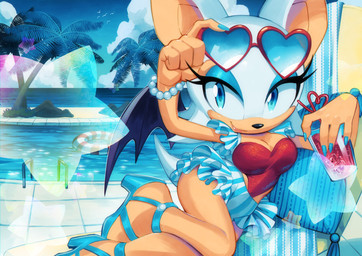 anthro bat_ears bat_wings big_breasts blue_eyes blue_eyeshadow blue_sky breasts cleavage clothed clothing cloud cloudy_sky eyeshadow eyewear female glass glasses heart_glasses makeup membrane_(anatomy) membranous_wings outside palm_tree plant pool poolside reclining red_one-piece_swimsuit sea sky smile solo tree water wings drawloverlala sega sonic_the_hedgehog_(series) rouge_the_bat bat mammal hi_res