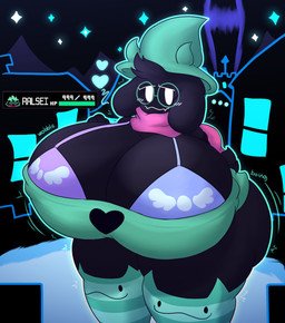 anthro big_breasts big_butt biped black_body black_ears black_hair black_tail blush blush_lines bra breasts building butt cleavage clothed clothing crossgender ellipsis eyebrows eyelashes eyewear female floppy_ears footwear front_view gameplay_mechanics glasses green_clothing hair hand_on_breast hat headgear headwear heart_symbol house huge_breasts huge_thighs legwear looking_at_viewer lop_ears monotone_body narrowed_eyes onomatopoeia outline outside scarf socks solo sound_effects standing star tail text thick_thighs topwear underwear white_eyes hornyicakes deltarune undertale_(series) ralsei bovid caprine darkner goat mammal 2025 absurd_res digital_drawing_(artwork) digital_media_(artwork) hi_res