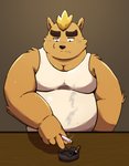 anthro belly big_belly brown_body brown_fur clothing cute_fangs fangs fur humanoid_hands kemono male overweight overweight_anthro overweight_male sad shirt solo tank_top teeth topwear re_jin37 mekko_rarekko yamano_taishou canid canine canis domestic_dog mammal 2021 hi_res