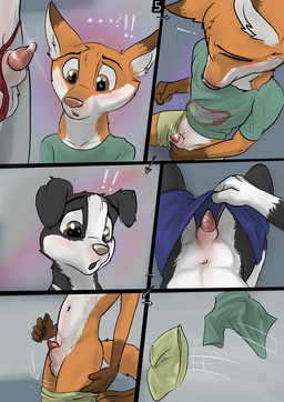 animal_genitalia animal_penis anthro brown_eyes canine_genitalia canine_penis clothing clothing_aside ears_up erection excited genitals group lipsticking looking_down male male/male nude penis sexual_awakening surprised thong trio underwear young young_male wolfyalex96 border_collie canid canine canis collie domestic_dog fox herding_dog mammal pastoral_dog sheepdog comic hi_res
