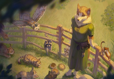 ambiguous_gender anthro bowl brown_body brown_fur clothing container detailed_background feathered_wings feathers female fence feral flying fur grass green_clothing grey_body grey_fur group pet_bowl plant potion_bottle pouch_(clothing) realistic smile standing wings wood wood_fence devergilia sponst avian bird canid canine canis domestic_cat domestic_dog felid feline felis lagomorph leporid mammal mustelid owl procyonid rabbit raccoon rodent sciurid tree_squirrel 2024 detailed