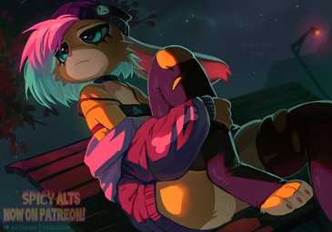 alternative_fashion anthro beanie bench bottomwear clothing digitigrade female female_anthro fur hat headgear headwear jacket legwear outside patreon_logo patreon_username plant sitting solo street_lamp text topwear torn_clothing torn_legwear tree skeleion patreon lagomorph leporid mammal rabbit 2023 colorful_theme digital_media_(artwork) english_text warm_colors