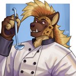 5_fingers anthro blue_background border clothing fingers gradient_background kitchen_utensils ladle male simple_background solo tools uniform white_border 7theaven hyena mammal 1:1 2022 absurd_res hi_res signature